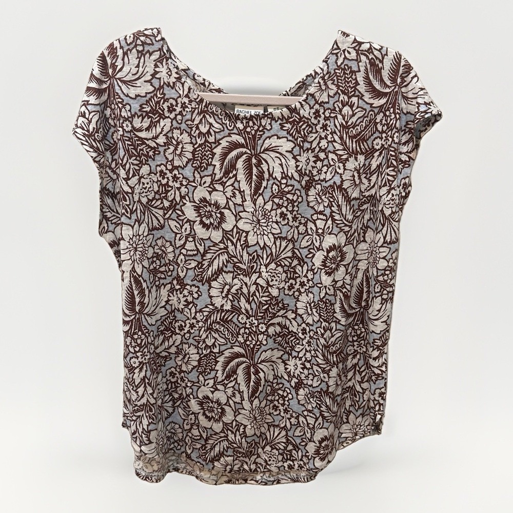 Rachel Zoe 100% Linen Brown Blue Floral Lint Top XL Beach Coastal Resort Casual